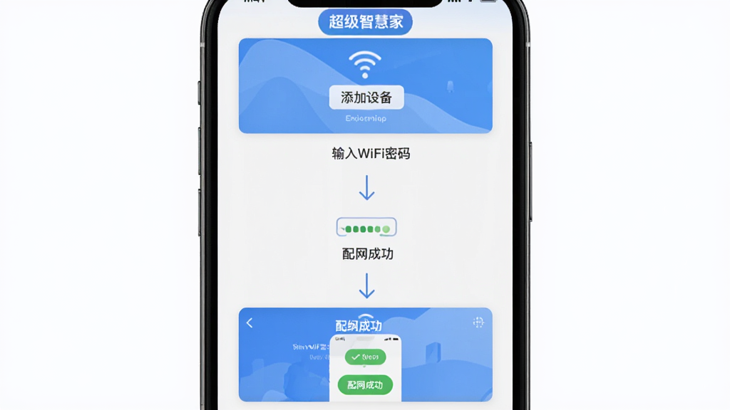 �����������ֻ���Ļ��дչʾ�����ǻۼ�APP�豸�������̣�����Ϊ�ֻ����С������ͷ���ϵ������У��Ű������������Ϊ��ƽ��UIչʾ�磬ϸ�ڰ����������豸��������WiFi���롱�������ɹ���������������ͼ�롰�����ǻۼҡ���ʶ�����廭�ʸɾ����޶���Ԫ��
