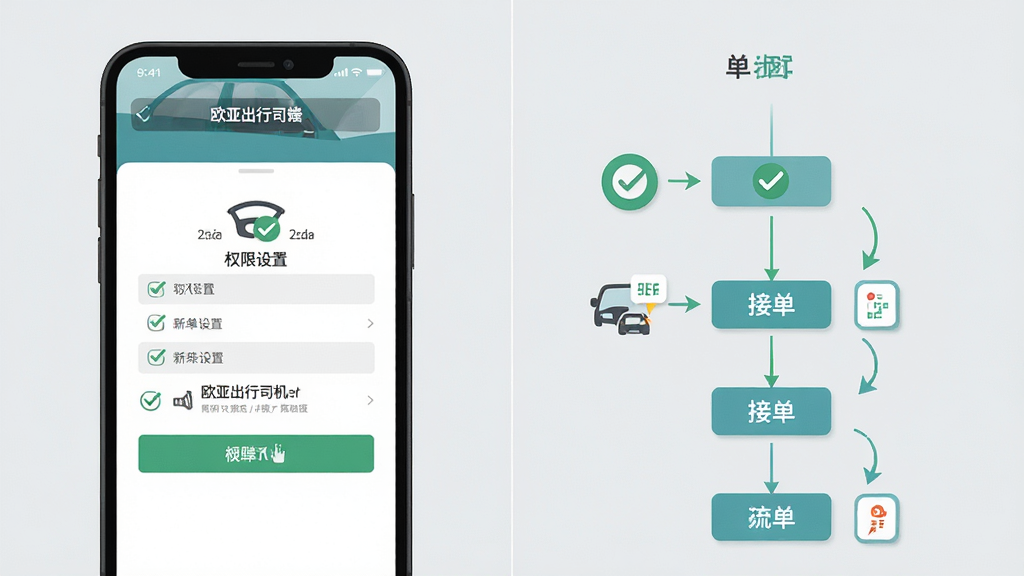 欧亚出行司机端新手操作指引图,画面展示手机屏幕显示权限设置页面和接单步骤流程图,背景为浅灰色,布局为上下分栏,风格为扁平化信息图,细节包括勾选图标、箭头指示、文字标注,画质高清,画面干净,无多余元素