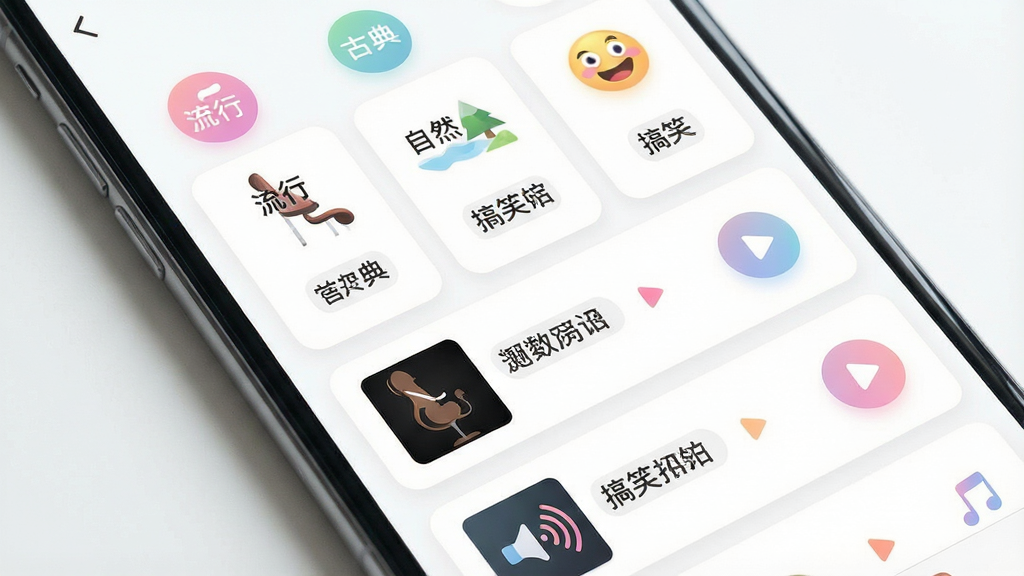 一张展示手机音乐选择界面的图片,界面中列出了多种风格的铃声分类标签,如“流行”、“古典”、“自然”、“搞笑”等,下方排列着带有播放按钮的音频条目,界面设计采用卡片式布局,背景为干净的白色,点缀着柔和的彩色图标,整体风格清新明快,细节包括清晰的文字标签和圆润的播放按钮,画质高清,画面干净,无多余元素。
