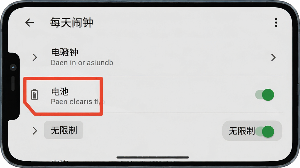 一张手机屏幕截图,画面中显示“每天闹钟”的应用信息设置页面,高亮标注了“电池”选项和“无限制”按钮,界面风格为安卓原生设置风格,背景为浅灰色,文字清晰,排版规整,细节包括箭头指示和开启状态的高亮显示,画质高清,画面干净,无多余元素。