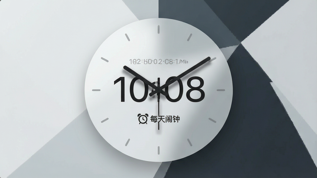 一张手机桌面截图,桌面上放置着一个圆形的悬浮时钟小组件,组件内显示着数字时间和“每天闹钟”的小图标,组件半透明悬浮于壁纸之上,壁纸为简约的几何图案,整体风格科技感十足且清爽,细节包括时钟指针的细腻阴影和组件的圆角设计,画质高清,画面干净,无多余元素。
