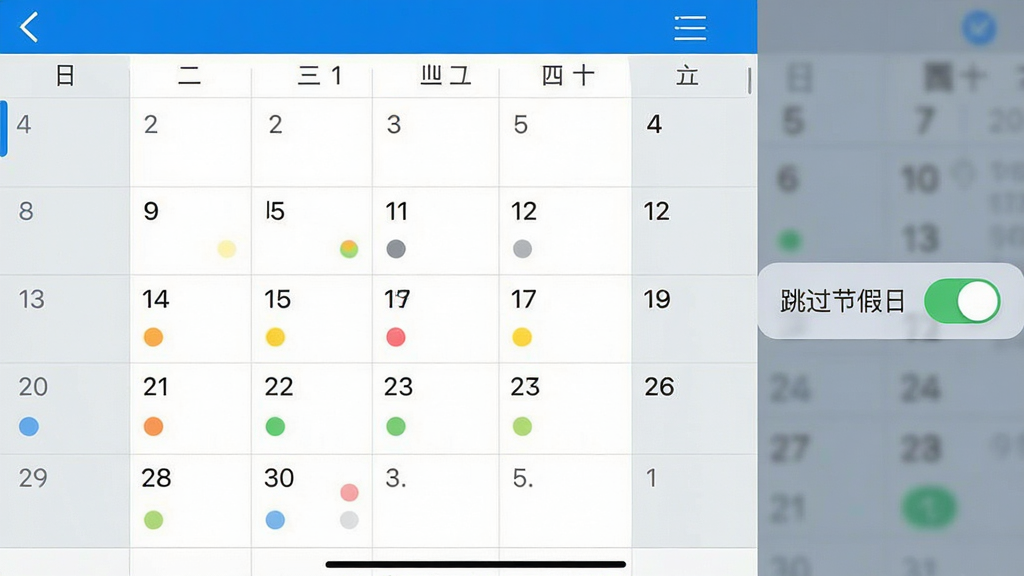 一张手机日历与闹钟设置结合的界面截图,画面中显示一周的日期排列,部分日期下方有彩色圆点标记表示闹钟开启,界面旁边有“跳过节假日”的开关按钮处于开启状态,整体排版简洁有序,风格偏向商务实用,色彩以蓝白灰为主,细节清晰展示日期网格和开关控件,画质清晰,画面干净,无多余元素。