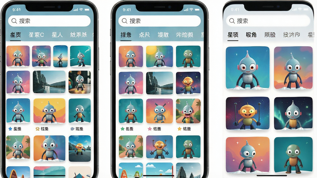一张展示图星人素材库界面的手机预览图,画面主体是网格状排列的图片素材缩略图,顶部有搜索栏和分类标签,布局为整齐的网格结构,风格为清爽明亮,细节包含丰富的色彩、清晰的分类图标和简洁的文字标签,画质清晰,干净,无多余元素