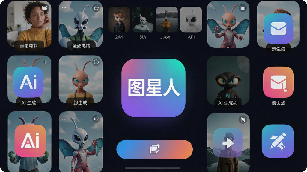 一张展示图星人软件主界面的手机预览图,画面中央是软件名称“图星人”的Logo,周围环绕着各种图片素材缩略图、AI生成图标和编辑工具按钮,布局为上下结构的移动端应用展示风格,风格为现代科技感,细节包含渐变色彩、圆角图标和简洁的文字标签,画质清晰,干净,无多余元素