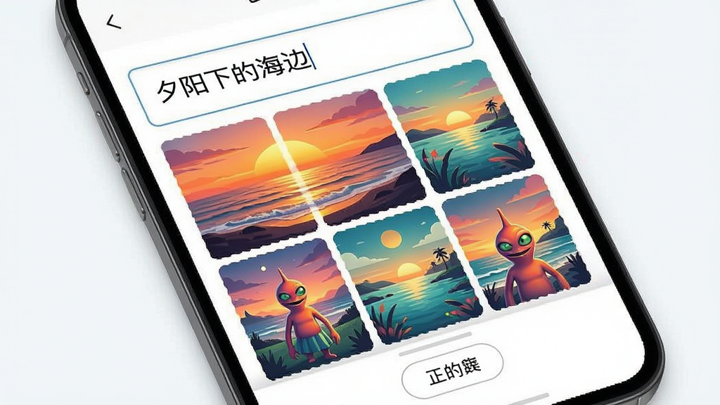 一张展示图星人AI生图功能的手机界面截图,画面主体是一个输入框,里面写着“夕阳下的海边”,下方是几张由AI生成的风格各异的图片预览,布局为纵向排列的移动端界面,风格为清新简约,细节包含鲜艳的色彩、清晰的图片缩略图和简洁的按钮,画质清晰,干净,无多余元素