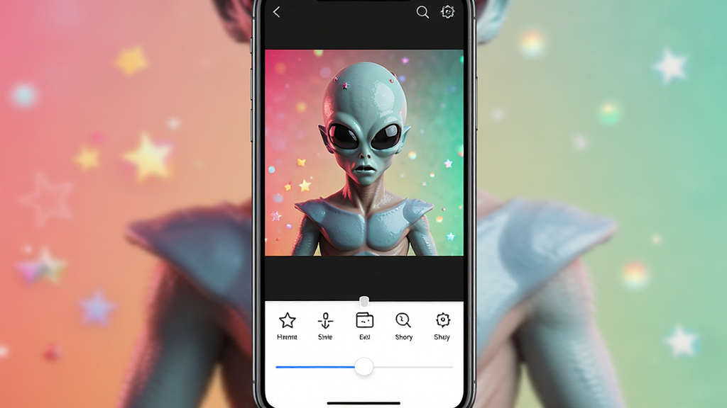 一张展示图星人图片编辑界面的手机预览图,画面主体是正在编辑的图片,下方是各种编辑工具图标,布局为上下结构的移动端编辑界面,风格为现代简洁,细节包含鲜艳的滤镜效果、清晰的工具图标和直观的调节滑块,画质清晰,干净,无多余元素