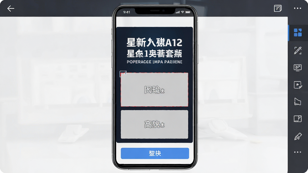 一张展示图星人模板套用功能的手机界面截图,画面主体是一个海报模板,上面有可替换的文字和图片占位符,布局为移动端编辑界面,风格为专业商务,细节包含清晰的模板预览、替换按钮和编辑工具栏,画质清晰,干净,无多余元素