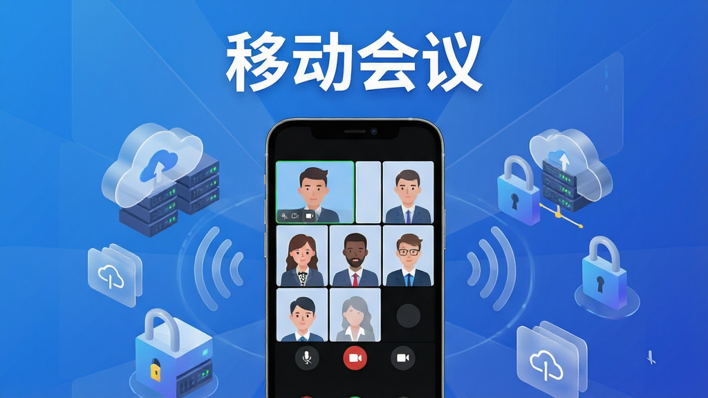 移动会议软件主界面全貌展示,画面中央放置一部智能手机,手机屏幕内呈现视频会议九宫格画面,每个格子中有不同人物头像和静音、摄像头图标,手机周围环绕着云端服务器、数据加密锁、信号波纹等科技元素,整体布局采用中心辐射式构图,排版上软件名称“移动会议”以白色粗体字置于画面上方,风格为现代扁平化科技风,细节包括蓝色渐变背景、半透明毛玻璃卡片、简洁线条图标,画质为4K超清、干净无多余元素