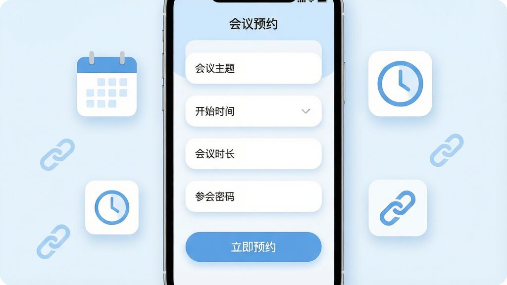 移动会议预约会议界面展示,画面中央为手机屏幕特写,屏幕中显示会议预约表单,包含会议主题、开始时间、会议时长、参会密码等字段,屏幕下方有“立即预约”按钮,手机周围漂浮着日历图标、时钟图标、链接图标,布局采用中心对称构图,风格为清新浅色扁平风,细节包括淡蓝色主色调、圆角卡片、柔和阴影,画质为4K超清、干净无多余元素