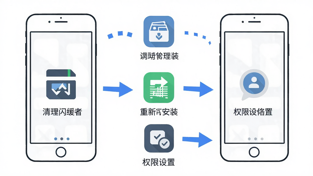 移动会议常见问题解决流程图,画面以信息图形式展示手机屏幕从闪退到修复的步骤,包含清理缓存图标、重新安装图标、权限设置图标,画面采用纵向流程布局,风格为简洁信息图风,细节包括蓝色箭头引导、手机轮廓线稿、扁平图标,画质为4K超清、干净无多余元素