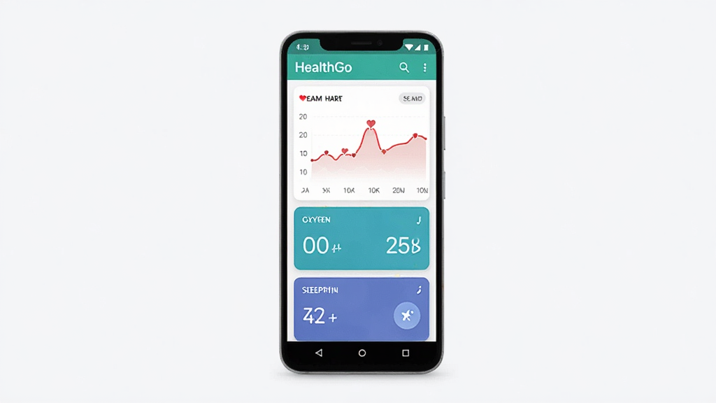 一张展示 HealthGo 应用界面的手机样机图,画面中央是一部竖屏安卓手机,屏幕上显示健康数据仪表盘,包含心率曲线、血氧数值、睡眠时长卡片等元素,背景为干净的浅灰白色,整体风格简约现代,细节清晰,画质干净无多余元素