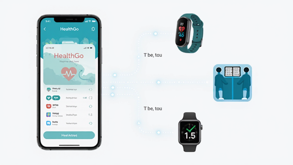 HealthGo 应用多设备数据同步示意图,画面左侧是一部手机显示 HealthGo 界面,右侧分别连接智能手环、体脂秤、智能手表等设备图标,用虚线表示数据流向手机,背景干净简洁,风格科技感但不花哨,画质清晰