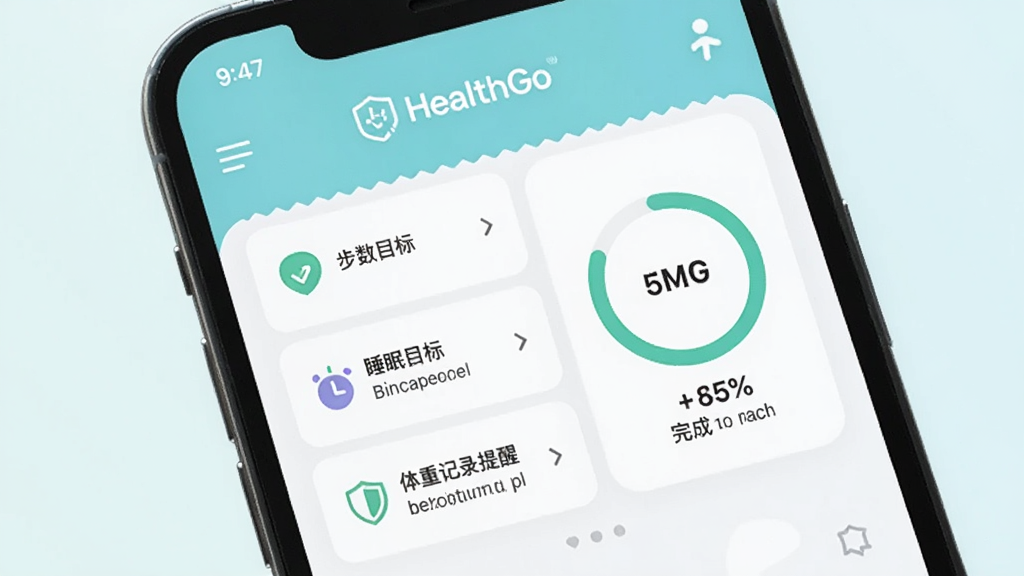 HealthGo 健康目标设定界面展示图,手机屏幕上显示目标设置卡片,包含步数目标、睡眠目标、体重记录提醒等选项,旁边有进度环和完成度百分比,界面风格清新浅色,画质干净