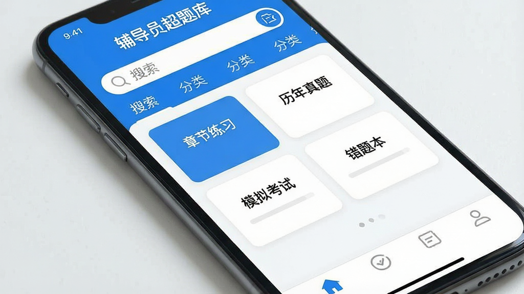 一张展示手机屏幕的图片,屏幕中显示“辅导员超题库”应用主界面,界面顶部有搜索栏和分类标签,中间排列着多个题库模块卡片,包含“章节练习”“历年真题”“模拟考试”“错题本”等入口,底部有导航栏,整体布局清晰,采用蓝白配色风格,画面干净整洁,细节丰富,画质清晰,无多余元素