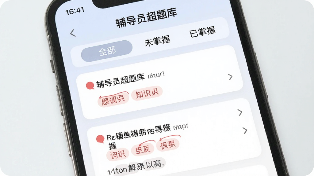 一张“辅导员超题库”错题本功能界面图,手机屏幕中显示错题列表,每道题旁边有红色标记和知识点标签,顶部有“全部”“未掌握”“已掌握”筛选按钮,界面采用卡片式设计,配色柔和,布局清晰,画质干净,无多余元素