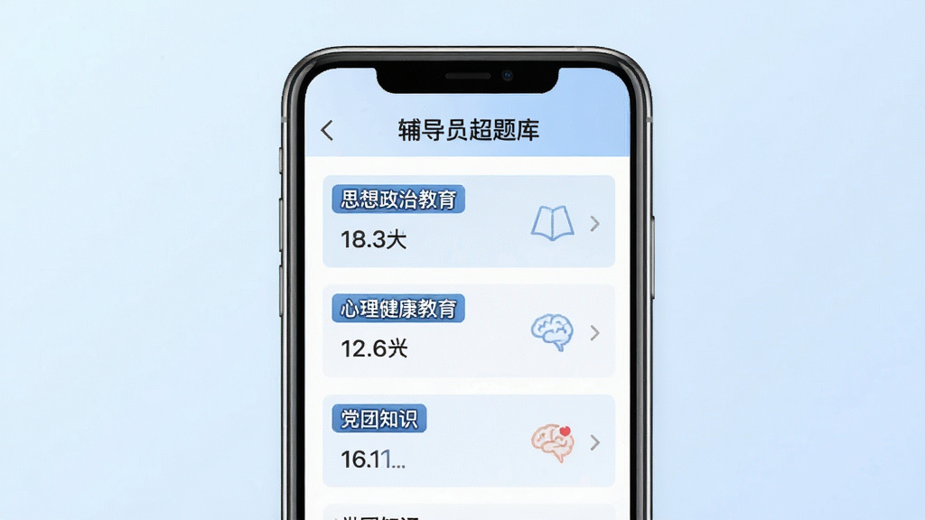 一幅展现“辅导员超题库”内部题库列表的图片,画面中央是手机屏幕,屏幕上显示着分类清晰的题库目录,如“思想政治教育”“心理健康教育”“党团知识”等标签,每个分类下方标注题目数量,背景是淡蓝色渐变,风格简洁现代,细节清晰,画质干净,无多余元素