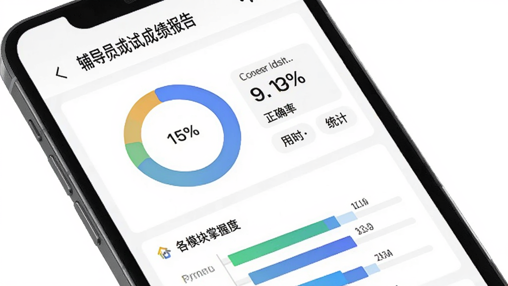 一幅展示“辅导员超题库”模拟考试成绩报告页面的图片,手机屏幕中显示圆形得分图表、正确率百分比、用时统计以及各模块掌握度条形图,界面设计专业,数据可视化清晰,背景为白色,风格简洁,画质干净,无多余元素