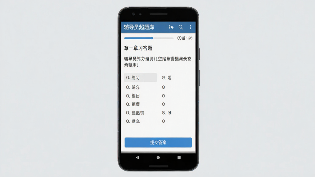 一张展示“辅导员超题库”在安卓手机上运行界面的图片,手机屏幕中显示章节练习答题页面,题干清晰,选项排列整齐,下方有“提交答案”按钮,屏幕上方有进度条和计时器,背景为浅灰色,风格简洁,布局合理,画质干净,无多余元素