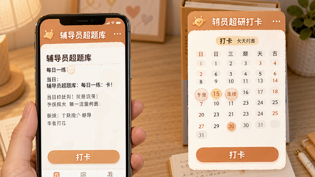 一张“辅导员超题库”每日一练打卡界面图,手机屏幕中显示当日题目和打卡日历,日历上标记了连续打卡天数,底部有“打卡”按钮,界面采用暖色调,风格温馨,布局清晰,细节丰富,画质干净,无多余元素