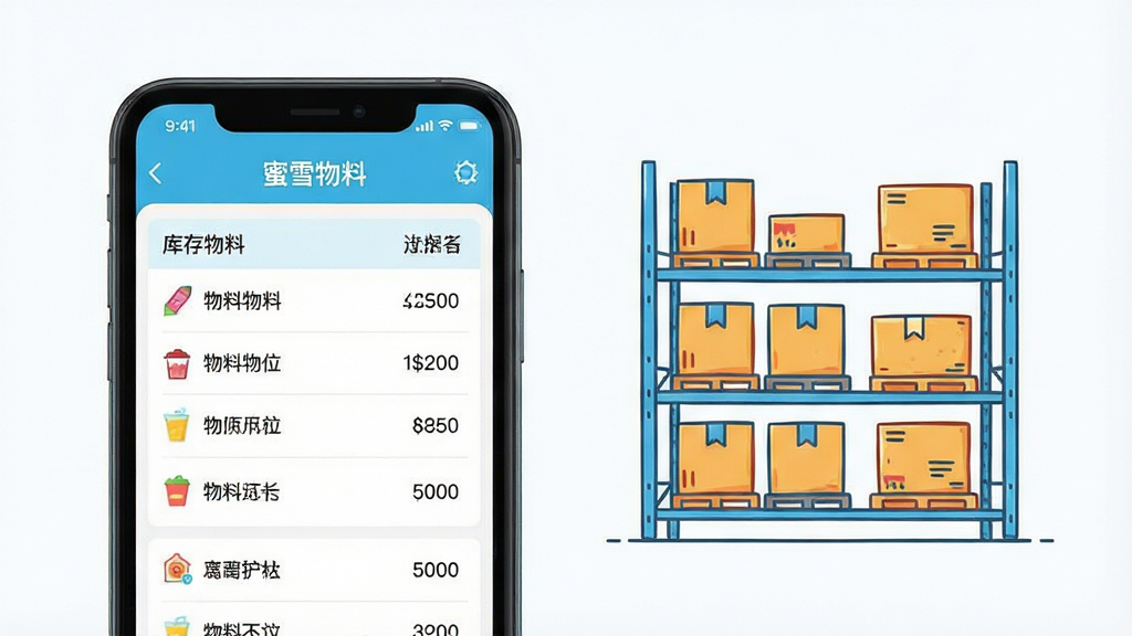 一张蜜雪通库存管理功能展示图,画面中手机屏幕显示物料列表和库存数量,旁边有仓储货架简笔插画,整体风格清新扁平,色彩明快,细节干净,画质高清,无多余装饰