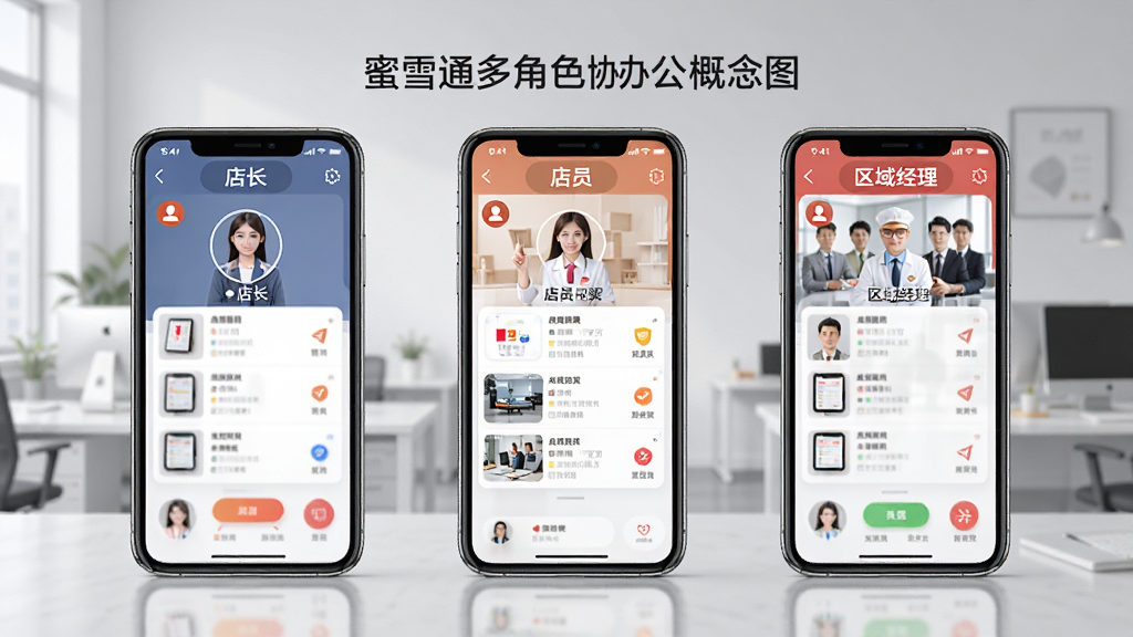 一张蜜雪通多角色协同办公概念图,画面中三部手机并排展示不同角色界面,分别标注店长、店员、区域经理,背景为浅灰色办公场景,风格商务简洁,细节清晰,画质高清,无多余元素