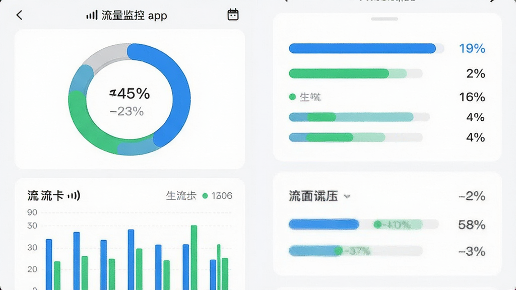 主体为流量卡APP流量监控界面,布局为上方环形图表下方柱状图,排版左右分栏;风格为清爽浅色商务风;细节包括蓝色和绿色数据条、百分比数字、手机信号图标、日历标识;画质高清干净无多余元素