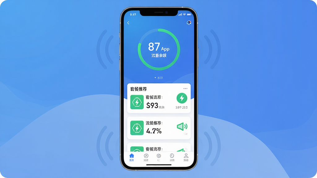 主体为一部智能手机屏幕显示流量卡APP主界面,布局采用居中构图,上方为流量余额环形进度条,中部为套餐推荐卡片列表,底部为导航栏;排版简洁规整;风格为现代科技感扁平化设计;细节包括蓝色渐变背景、白色卡片、绿色流量图标、信号波纹元素;画质高清干净无多余元素
