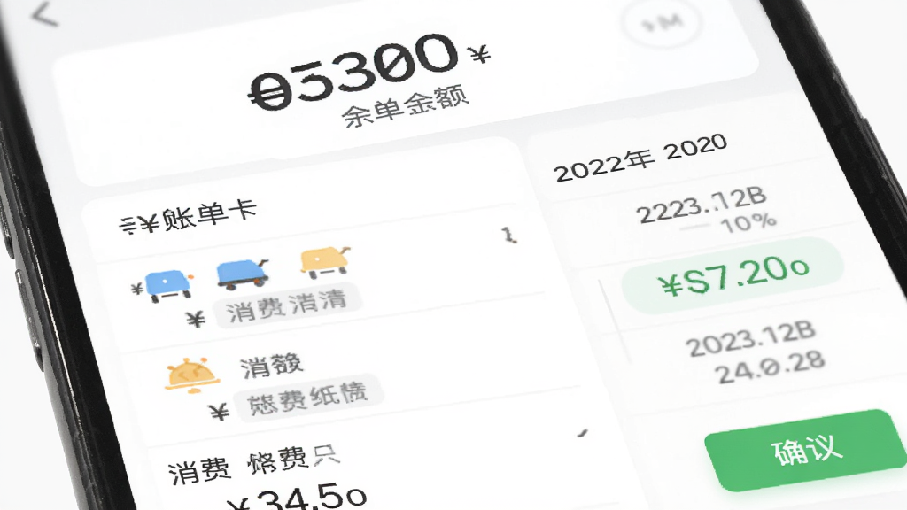 主体为流量卡APP账单查询页面,布局为上方余额数字下方账单列表,排版纵向排列;风格为简约商务风;细节包括人民币符号、消费分类图标、日期标签、绿色确认按钮;画质高清干净无多余元素
