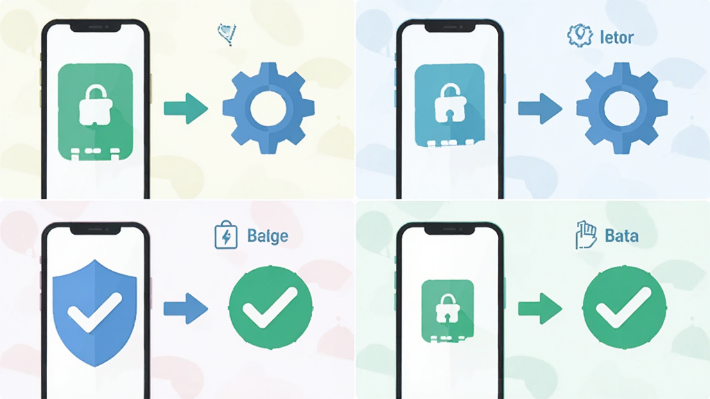 主体为流量卡APP使用教程示意图,布局为四格分镜展示安装、授权、设置、查询四个步骤,排版为2x2网格;风格为清新浅色扁平插画;细节包括手机图标、齿轮图标、盾牌图标、对勾标识、箭头引导线;画质高清干净无多余元素