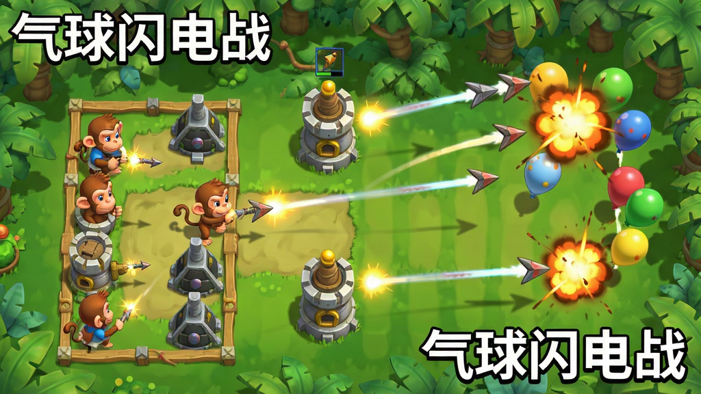 游戏对战场景的俯视图,画面左侧是玩家的防御阵地,右侧是敌方气球进攻路线,中间有猴子防御塔正在发射飞镖攻击彩色气球,背景为绿色丛林地图,布局为斜45度视角,风格为卡通渲染,细节包括飞镖轨迹和气球爆炸特效,画质清晰干净,画面中带有“气球闪电战”文字