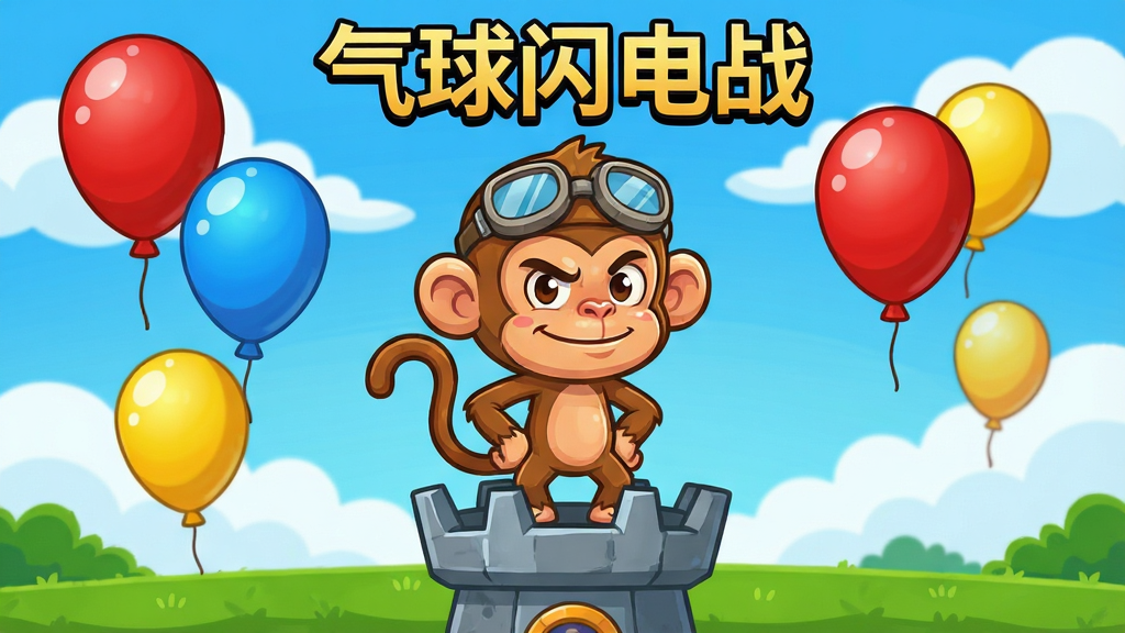 卡通风格的游戏主界面,画面中央是一只戴着飞行员护目镜的猴子站在防御塔上,天空中漂浮着红色蓝色黄色的气球,背景是蓝天白云和绿色草地,整体布局为横版游戏截图样式,风格明亮活泼,细节包括气球上的高光反射和猴子自信的表情,画质清晰干净,无多余元素,画面中带有“气球闪电战”文字标题