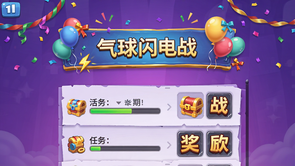 游戏活动界面截图,画面中展示一个节日主题的限时活动横幅,横幅上有彩带和气球装饰,下方排列着活动任务列表和奖励图标,背景为紫色渐变色,布局为竖版手机屏幕样式,风格为游戏活动页面,细节包括任务进度条和宝箱图标,画质高清干净,画面中带有“气球闪电战”文字