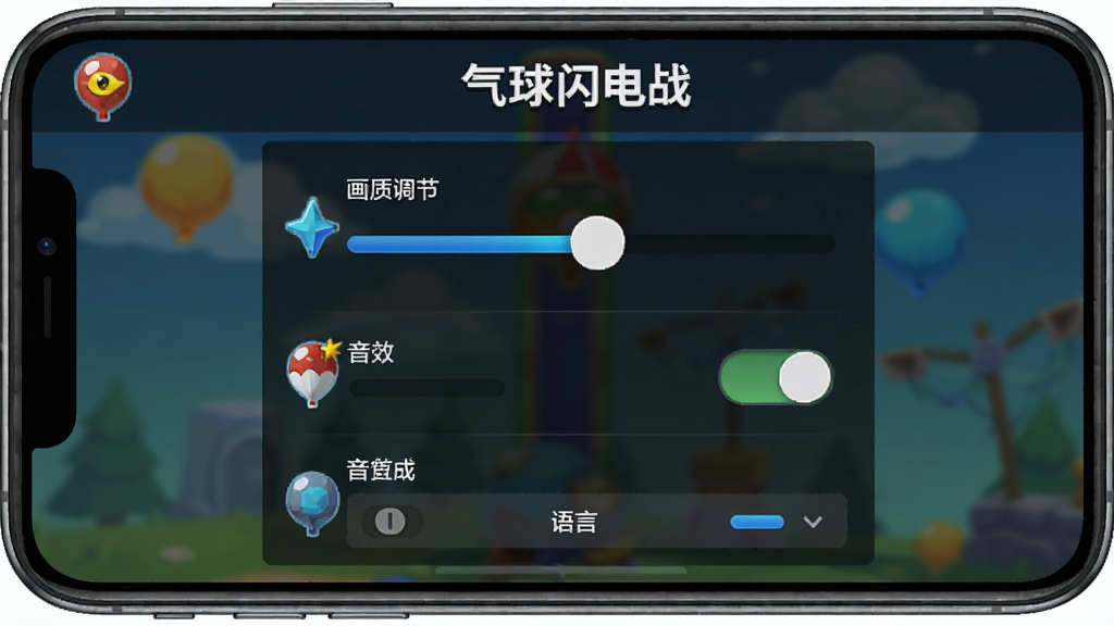 手机屏幕显示气球闪电战游戏设置界面,画面中有画质调节滑块、音效开关和语言选择选项,背景为深色半透明面板,布局为竖版列表样式,风格为游戏设置菜单,细节包括滑块的高亮颜色和选项图标,画质清晰干净,画面中带有“气球闪电战”文字