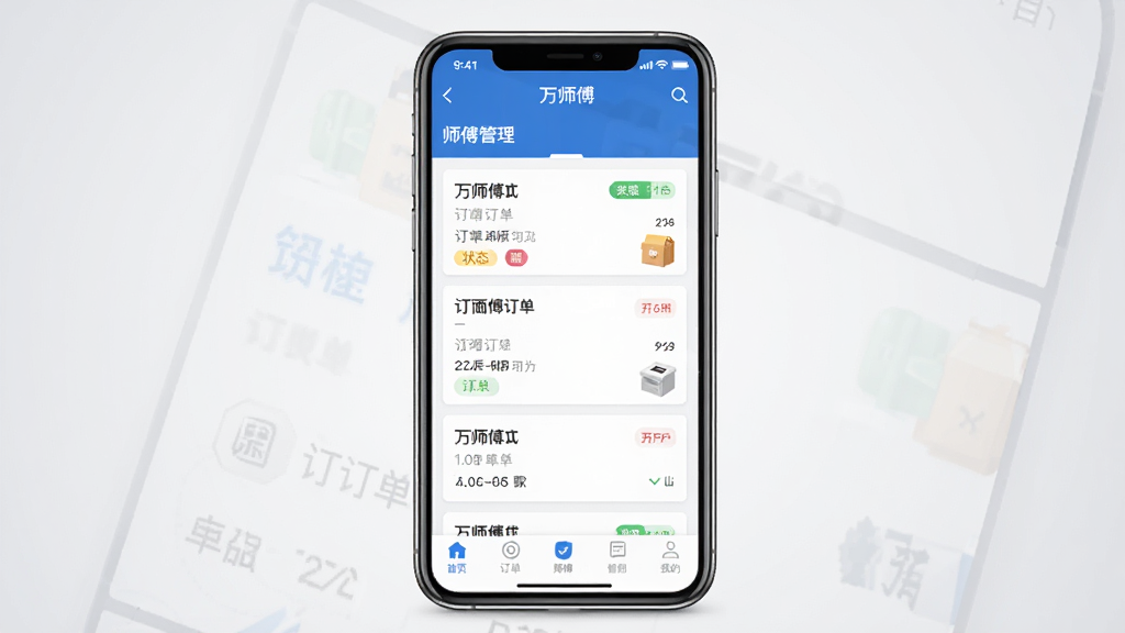 万师傅企业版手机应用主界面展示,画面中央是一部竖屏智能手机,屏幕内显示万师傅企业版订单列表与师傅管理面板,界面以蓝白色调为主,布局清晰,背景为浅灰色渐变,风格简洁商务,细节包括订单卡片、状态标签、底部导航栏,画质高清干净无多余元素