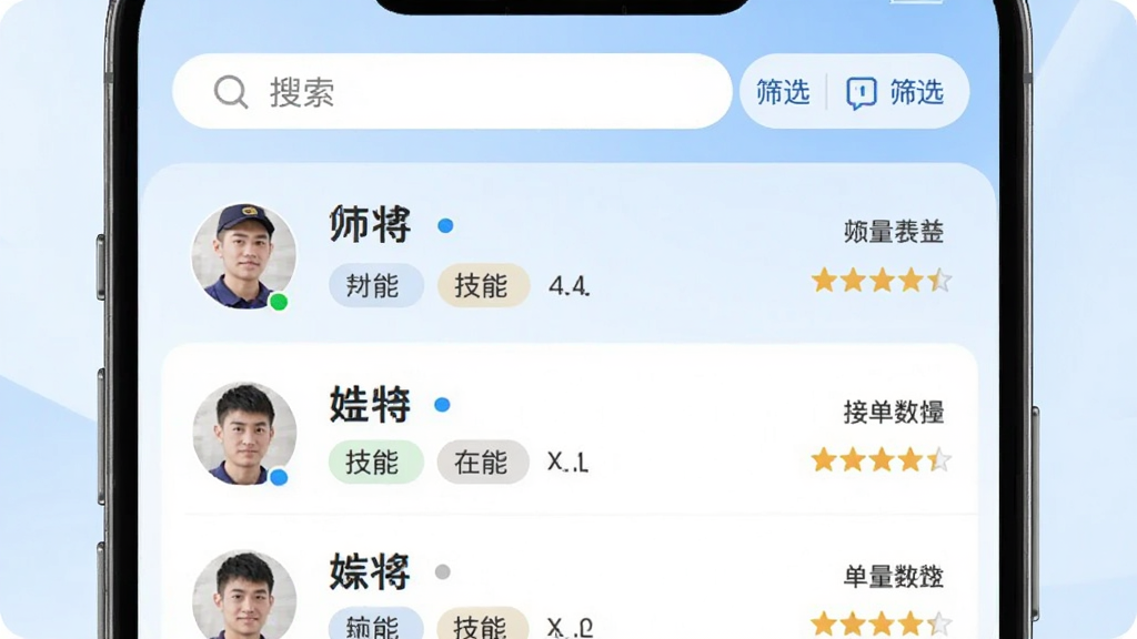 万师傅企业版师傅管理页面,画面为手机屏幕内展示师傅列表,每位师傅有头像、姓名、技能标签和评分星级,屏幕上方有搜索框和筛选按钮,背景为浅蓝色渐变,风格清新简洁,细节包括在线状态小圆点、接单数量统计,画质高清干净无杂乱元素