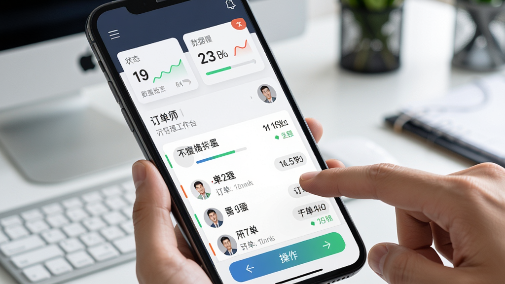 万师傅企业版工作台界面特写,画面主体为手机屏幕内的订单管理面板,屏幕上方显示数据统计卡片,中部为订单列表,底部有操作按钮,画面右侧有一只手正在点击屏幕,背景为办公室桌面环境,风格现代商务,细节包括数字角标、状态进度条、师傅头像,画质清晰干净