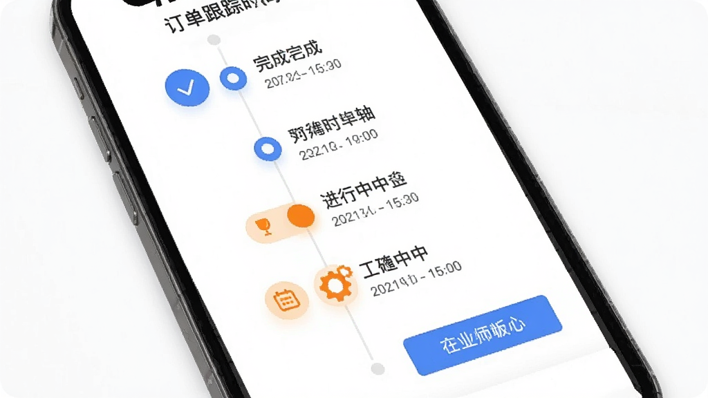 万师傅企业版订单跟踪时间轴界面,画面为手机屏幕内显示一条垂直时间轴,每个节点有图标和文字说明,已完成节点为蓝色打勾,进行中节点为橙色高亮,背景为白色,风格简约直观,细节包括时间戳、操作按钮,画质清晰干净