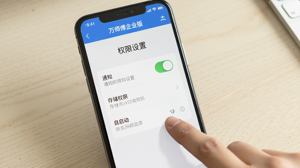 万师傅企业版安装设置界面,画面为手机屏幕显示权限设置页面,有通知开关、存储权限、自启动选项,屏幕旁边有手指点击动作,背景为浅色桌面,风格实用简洁,细节包括开关按钮、文字说明,画质清晰干净