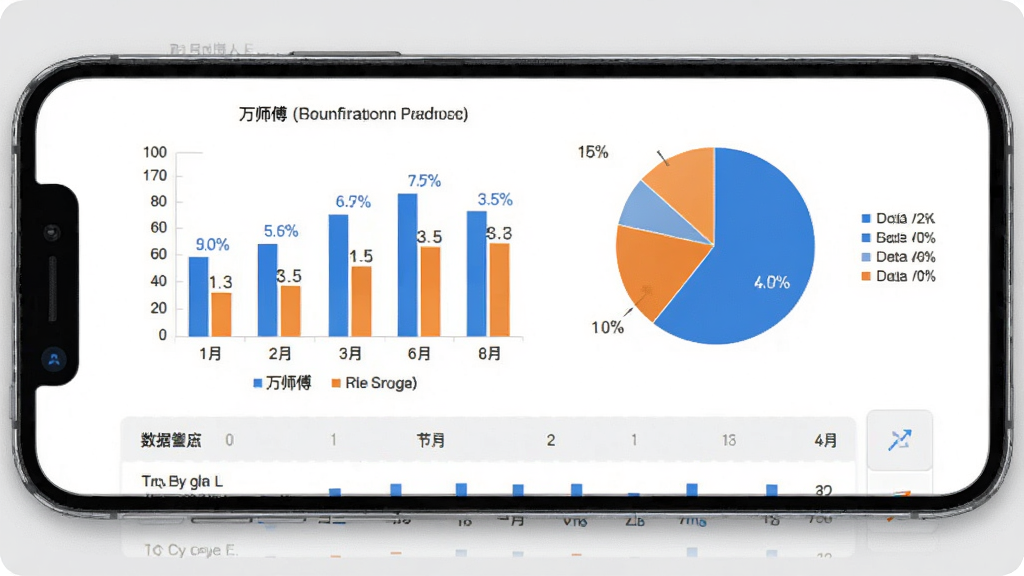 万师傅企业版数据报表页面,画面为手机屏幕内展示柱状图和饼图,图表颜色以蓝色和橙色为主,屏幕下方有数据列表,背景为浅灰色,风格商务专业,细节包括百分比数字、图例说明,画质高清干净