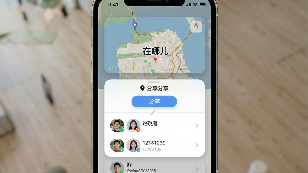在哪儿APP位置共享功能展示,主体为手机屏幕,屏幕上显示着分享位置弹窗和好友列表,布局采用上下结构,上方为地图缩略图,下方为分享选项,排版清晰直观,风格为柔和圆角卡片式设计,细节包括分享按钮、联系人头像、位置坐标文字,画质高清,画面干净,无多余元素,地图缩略图中央标注文字“在哪儿”