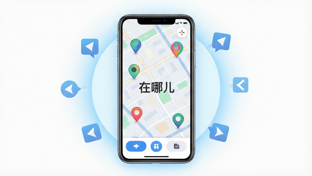 在哪儿APP主界面展示,主体为一部智能手机,屏幕上显示着清晰的城市街道地图和多个彩色定位标记,布局采用居中构图,排版上手机占据画面中央,四周环绕着淡蓝色的光晕和漂浮的导航箭头图标,风格为现代科技感扁平化设计,细节包括地图上的道路线条、定位气泡、底部功能按钮,画质高清,画面干净,无多余元素,地图中央标注文字“在哪儿”