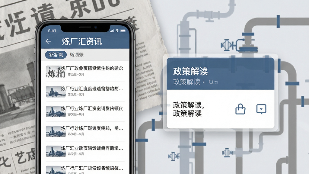 炼厂汇资讯页面功能展示图,手机屏幕中显示行业新闻列表与政策解读卡片,画面背景为报纸纹理与油气管线简图,风格商务简约,灰蓝主色,高清画质,干净利落
