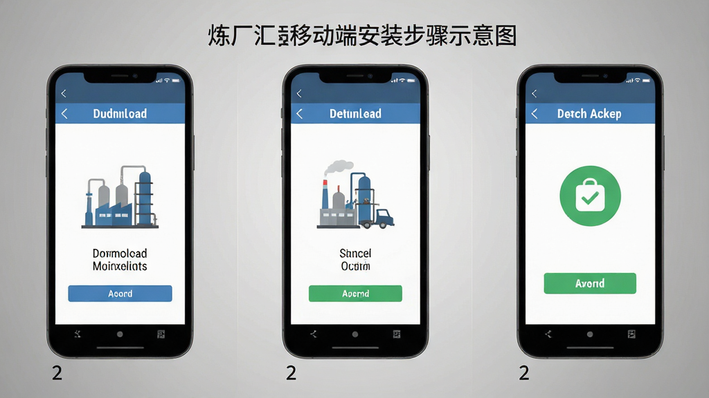 炼厂汇移动端安装步骤示意图,画面展示手机屏幕从下载到安装完成的三个连续画面,背景为简洁的灰色渐变,风格扁平化,细节清晰,高清画质,干净无多余元素