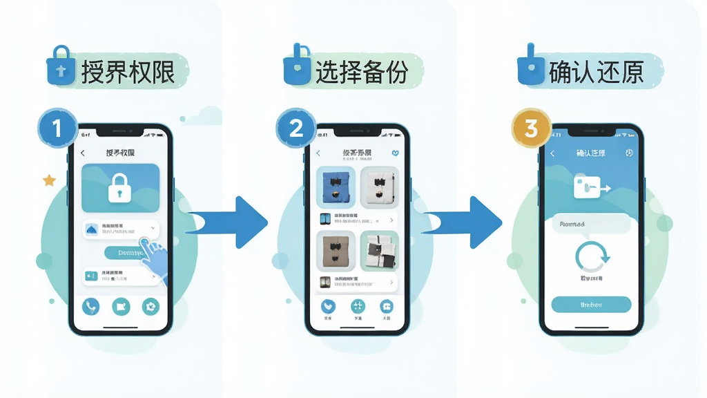 聊天记录信息还原软件的操作步骤示意图,画面分为三步,第一步授予权限,第二步选择备份,第三步确认还原,采用横向流程图布局,风格为清新扁平教程插画,细节包括箭头引导、手机界面缩略图、步骤数字标签,画质清晰干净,无多余元素