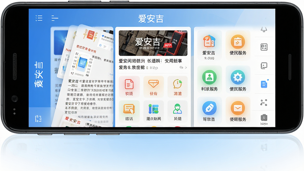 一张展示爱安吉APP核心界面的手机预览图,主体为一部安卓手机,屏幕内显示爱安吉应用主页面,包含新闻资讯卡片、便民服务图标网格和底部导航栏,布局采用居中构图,手机下方有淡蓝色渐变背景衬托,风格为现代简洁的科技风,细节上屏幕内有
