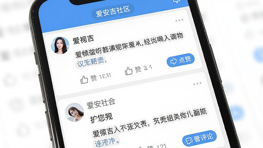 一张爱安吉APP社区互动页面的手机界面图,主体为手机屏幕展示社区帖子列表,布局为纵向信息流,每条帖子包含用户头像、昵称、正文和点赞评论按钮,排版自然,风格为社交应用风,细节上顶部有