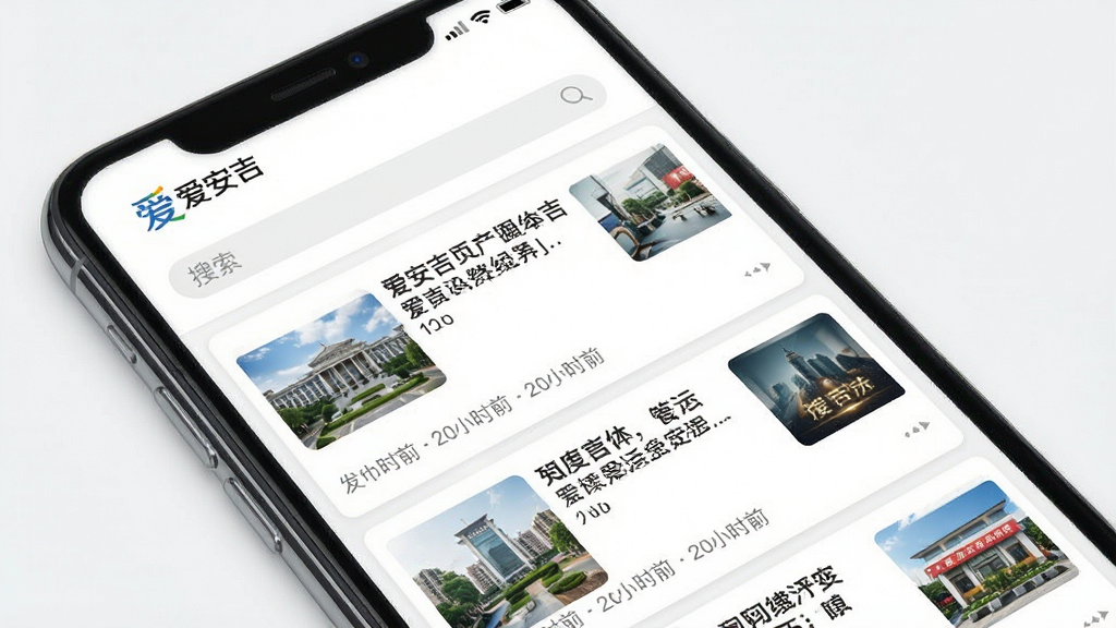 一张爱安吉APP新闻资讯页面的手机截图风格图片,主体为手机屏幕展示爱安吉资讯列表,布局为纵向排列的新闻卡片,每张卡片包含标题、缩略图和发布时间,排版清晰整齐,风格为清爽的资讯阅读风,细节上顶部有