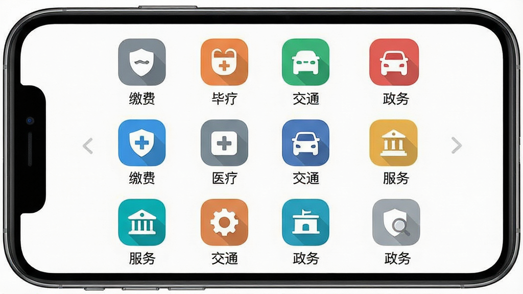 一张展示爱安吉APP便民服务功能页面的手机预览图,主体为手机屏幕内展示服务图标网格,包含缴费、医疗、交通、政务等图标,布局为四列网格排列,排版规整有序,风格为扁平化设计风,细节上每个图标下方有中文标签,画质高清,干净无多余元素