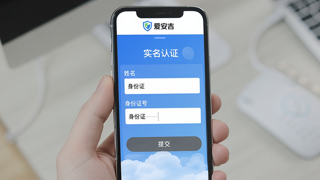 一张爱安吉APP实名认证页面的手机界面图,主体为手机屏幕展示实名认证表单,包含姓名、身份证号输入框和提交按钮,布局为垂直表单排列,排版简洁,风格为安全认证风,细节上页面顶部有