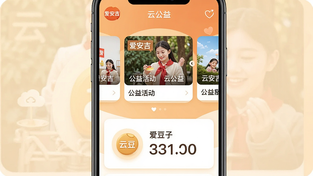 一张展示爱安吉APP云公益页面的手机预览图,主体为手机屏幕显示公益活动卡片和云豆子余额,布局为上下结构,上方为公益项目轮播图,下方为云豆子图标和数字,排版温馨,风格为暖色调公益风,细节上屏幕内有